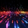 Descending colored beams of light, data reflected off a dark wet surface. Abstract concept of flowing information stream. AI