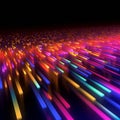 Descending colored beams of light, data reflected off a dark wet surface. Abstract concept of flowing information stream. AI