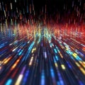 Descending colored beams of light, data reflected off a dark wet surface. Abstract concept of flowing information stream. AI
