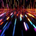 Descending colored beams of light, data reflected off a dark wet surface. Abstract concept of flowing information stream. AI Royalty Free Stock Photo