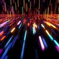 Descending colored beams of light, data reflected off a dark wet surface. Abstract concept of flowing information stream. AI