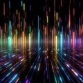 Descending colored beams of light, data reflected off a dark wet surface. Abstract concept of flowing information stream. AI