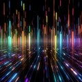 Descending colored beams of light, data reflected off a dark wet surface. Abstract concept of flowing information stream. AI Royalty Free Stock Photo