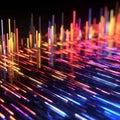 Descending colored beams of light, data reflected off a dark wet surface. Abstract concept of flowing information stream. AI Royalty Free Stock Photo