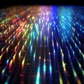 Descending colored beams of light, data reflected off a dark wet surface. Abstract concept of flowing information stream. AI