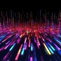 Descending colored beams of light, data reflected off a dark wet surface. Abstract concept of flowing information stream. AI