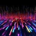 Descending colored beams of light, data reflected off a dark wet surface. Abstract concept of flowing information stream. AI Royalty Free Stock Photo