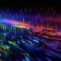 Descending colored beams of light, data reflected off a dark wet surface. Abstract concept of flowing information stream. AI