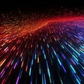 Descending colored beams of light, data reflected off a dark wet surface. Abstract concept of flowing information stream. AI