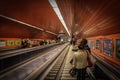 Descending the escalators into Budapest`s old underground metro Royalty Free Stock Photo