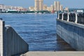 Descent along the embankment. Seasonal flooding. View of Heihe city, China.