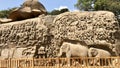 Bas relief rock cut sculptures of Gods, people and animals carved in monolithic rock Royalty Free Stock Photo