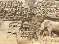 Bas relief rock cut sculptures of Gods, people and animals carved in monolithic rock Royalty Free Stock Photo