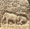 Bas relief rock cut sculptures of Gods, people and animals carved in monolithic rock Royalty Free Stock Photo