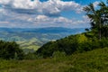 Descent from a high hill into a green valley between thickets of trees