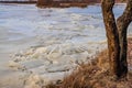 The descent of ice in the spring on the river in March is a natural phenomenon against the sky and clouds in the evening Royalty Free Stock Photo