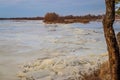 The descent of ice in the spring on the river in March is a natural phenomenon against the sky and clouds in the evening Royalty Free Stock Photo