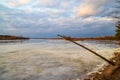 The descent of ice in the spring on the river in March is a natural phenomenon against the sky and clouds in the evening Royalty Free Stock Photo