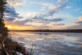 The descent of ice in the spring on the river in March is a natural phenomenon against the sky and clouds in the evening Royalty Free Stock Photo