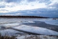 The descent of ice in the spring on the river in March is a natural phenomenon against the sky and clouds in the evening Royalty Free Stock Photo