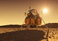 Descent Module Of Interplanetary Space Station On The Background Of Martian Sun