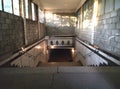 The descent into the pedestrian tunnel is empty without people. Staircase down to the underground new passage.