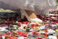 Bride& x27;s shoes in retro style on colorful confetti background Royalty Free Stock Photo