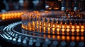 Interactive AI-Powered Machine Creating Tiny Vials in High-Tech Lab Environment with Glassware on Circular Stage in Dark