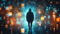 Mysterious Hacker Silhouetted in Abstract Binary Code Background with Light Effects - Tech-Themed Graphic for Social Med