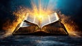 Illuminated open Bible with light rays and smoke on dark background Royalty Free Stock Photo