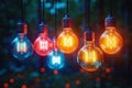 Vibrant Glowing Light Bulbs Hanging Decor Illuminating in Darkness Royalty Free Stock Photo