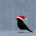 Adorable blackbird in Santa hat on light blue background for festive holiday designs Royalty Free Stock Photo