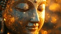 Golden Buddha face close-up with serene expression and detailed texture in warm golden tones against a dark background Royalty Free Stock Photo