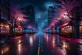 vivid picture of a city roadside that has undergone a dramatic transformation with presence of beautiful purple lights Royalty Free Stock Photo