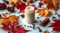 Beige lip balm with cinnamon and maple leaves on white background Royalty Free Stock Photo