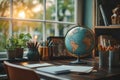Modern Children\'s Study Room with White Desk, Shelves, Books, Lamps, Globe, and Chalkboard Royalty Free Stock Photo