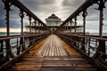 a wooden retro dock bridge pier. steampunk vintage style. noire, noir. Royalty Free Stock Photo