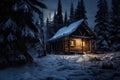 A-frame Cabin, Swiss Chalet. winter night fantasy forest. Christmas season landscape. Wooden hut.