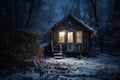 Lakeside Cabin, Forest Cabin. winter night fantasy forest. Christmas season landscape. Wooden hut. Royalty Free Stock Photo