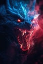 Stylized Urban Horror Art: A Raw Neo-Abstract Portrait of an Evil Princess and Dire Wolf with Red Dragon and Blue Mouth Closeups