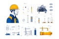 Professional Builder Engineer with Construction Instruments in Thin Line Style Vector Illustration Royalty Free Stock Photo