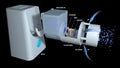 Descriptive drawing of how a portable nebulizer works for the treatment of asthma on a black background.