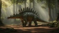 A descriptive scene with a stegosaurus walking through a forest. The stegosaurus is green and scaly