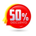 50% Descuento, 50% discount spanish text, bubble sale tag