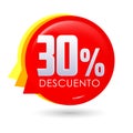 30% Descuento, 30% discount spanish text, bubble sale tag, Offer price label.