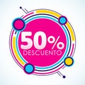 50% Descuento, 50% Discount Sticker spanish text, sale tag vector Illustration