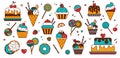 Set of food icons. Design for cafe, restaurant, confectionery. Desserts for Birthday, holiday, party. Illustrations for menu. Silh