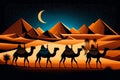 Desert arabic landscape with mosque arabian and camel for islamic banner background