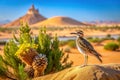 A desert bird perched on a dune, observing the expansive sandy landscape and unique rock formations under a vivid sky. Generative Royalty Free Stock Photo