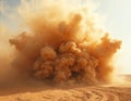 Desert blast cloud looms after explosion. Mining industry quarry site with sand, dust. Dynamite creates powerful, destructive Royalty Free Stock Photo